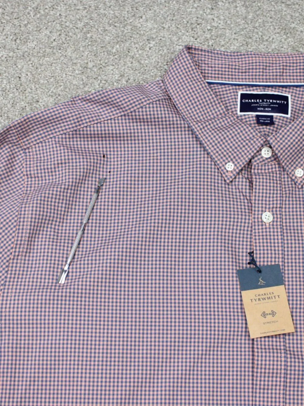 Charles Tyrwhitt Stretch Shirt NWT Mens 3XL Pink/Blue Non-Iron Classic Fit S/S
